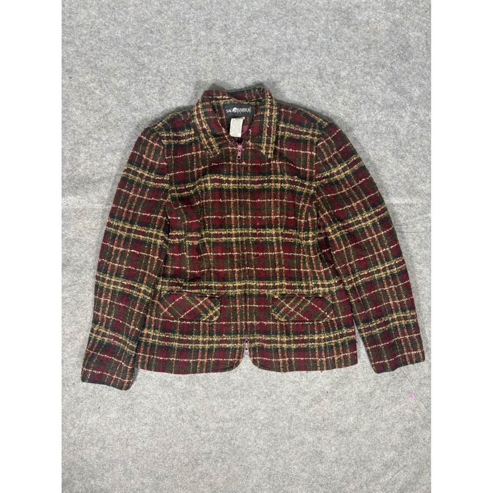Sag Harbor Petite Plaid Blazer Jacket Women's Size 8 Zip‎ Front Collarless